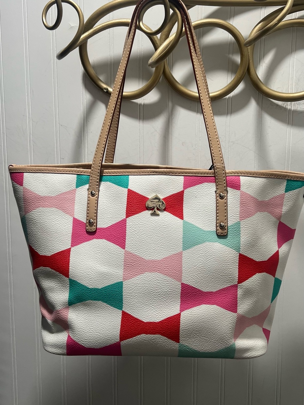 kate spade Pink Multi Geometric Bow Tote with Beige Straps